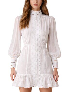 Avant Look White Ruffle High Neck Long Sleeve Button Front Mini Dress Size M